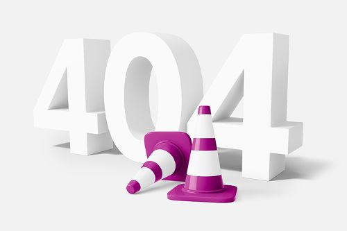 Ein großer dreidimensionaler 404-Schriftzug mit zwei Pylonen davor