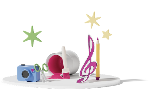 Eine Kamera, eine Schere, ein Farbtopf mit Pinsel, ein Notenschlüssel und ein Stift auf einer Plattform